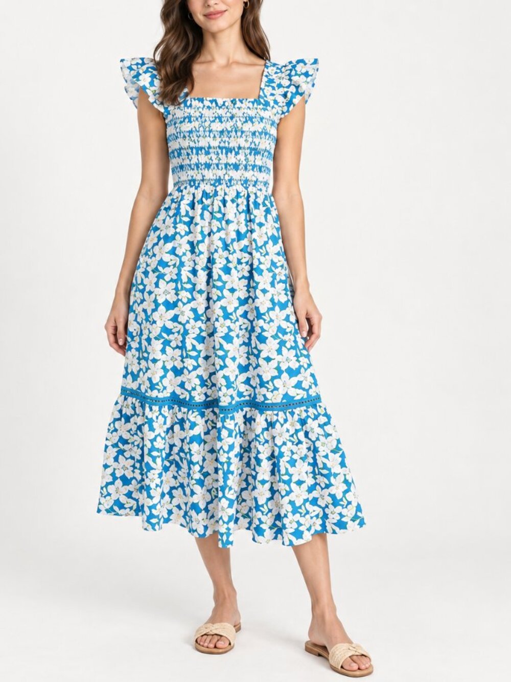 Shoshanna Helmi Flutter Sleeve Smocked Midi Dress Blue White Floral Size 12
